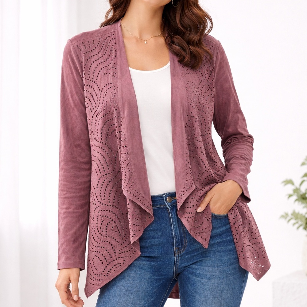 Chico's Deep‎ faux suede Burgundy open drape Cardigan L